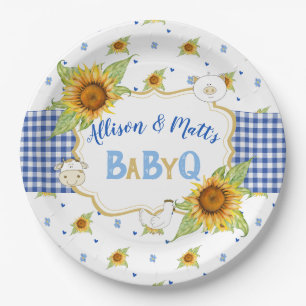 Plato De Papel Gingham Azul Girasol Country Q de Bebé Barbacoa