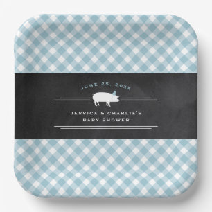 Plato De Papel Gingham Baby BBQ Azul Fiesta de Bebé Mixto
