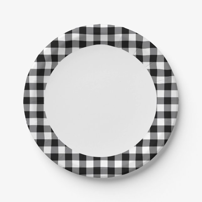 Plato De Papel Gingham Blanco Y Negro (Anverso)