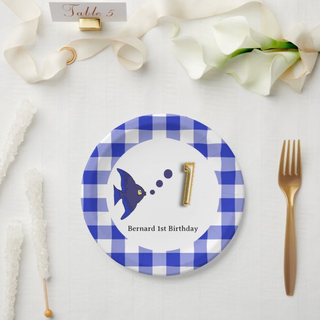Plato De Papel Gingham, Blue Fish & Balloon 1º cumpleaños (Boda)