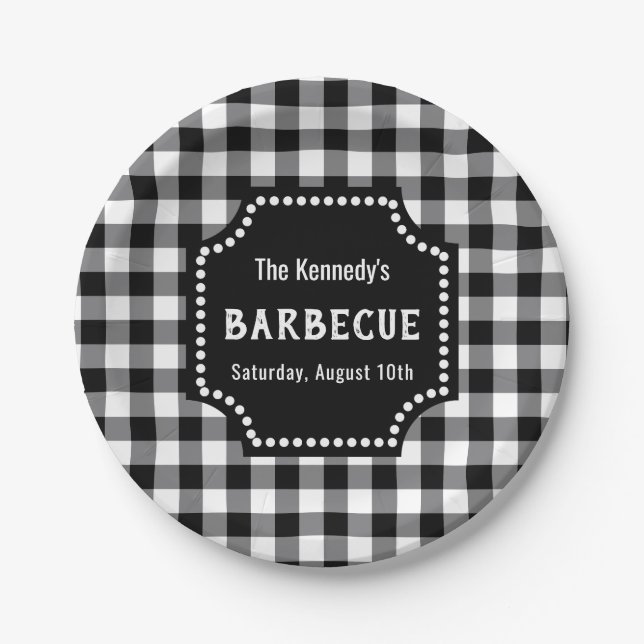 Plato De Papel Gingham BQ Negro Y Blanco (Anverso)