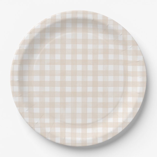 Plato De Papel Gingham Clásico Beige (Anverso)