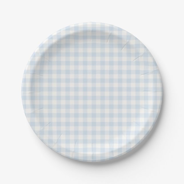 Plato De Papel Gingham Clásico Primavera | Azul Polvo (Anverso)