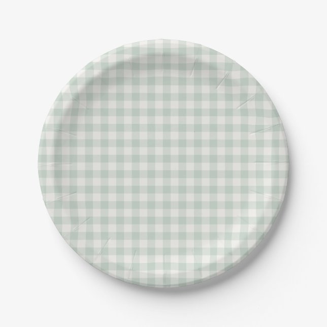 Plato De Papel Gingham Clásico Primavera | Salvia Suave (Anverso)