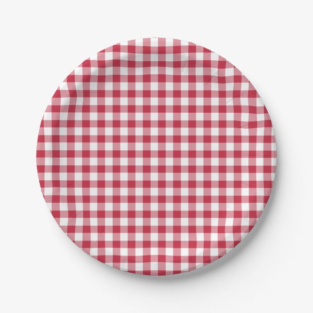 Plato De Papel Gingham Clásico Rojo Cereza (Anverso)