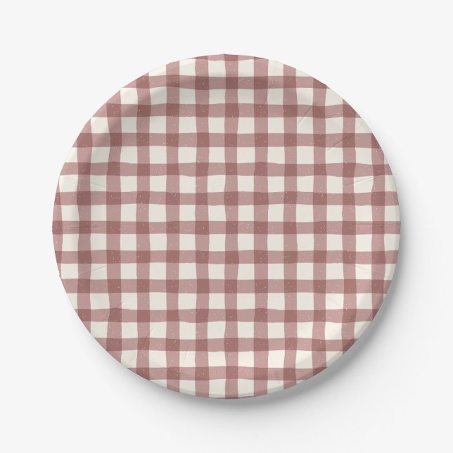 Plato De Papel Gingham de Arándano Rojo Granate (Anverso)