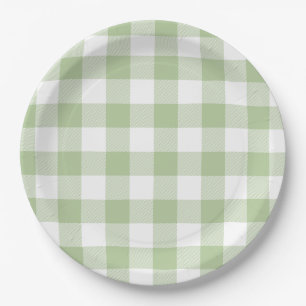 Plato De Papel Gingham de cuadros de salvia y búfalo blanco
