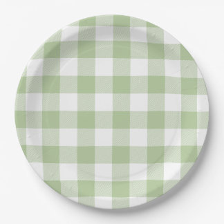 Plato De Papel Gingham de cuadros de salvia y búfalo blanco