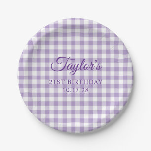 Plato De Papel Gingham de cuadros morado pálido Cumpleaños 21