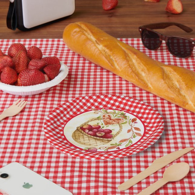 Plato De Papel Gingham estilo país con cesta de cosecha de Apple (Picnic)