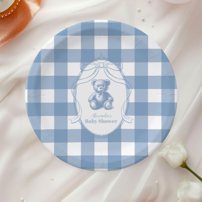 Plato De Papel Gingham French Teddy Bear Baby Shower (Subido por el creador)