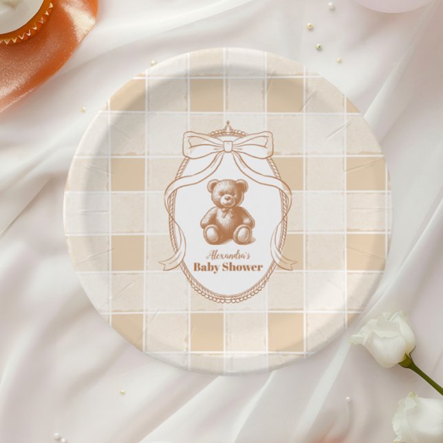 Plato De Papel Gingham French Teddy Bear Baby Shower (Subido por el creador)