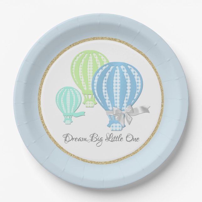 Plato De Papel Gingham Hot Air Balloon Baby Blue (Anverso)