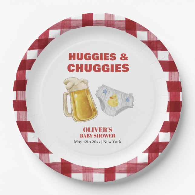 Plato De Papel Gingham Huggies Chuggies Beer Diaper Baby Shower  (Anverso)