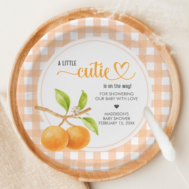 Plato De Papel Gingham Orange Baby Shower (Little Cutie Orange Baby Shower Paper Plate)