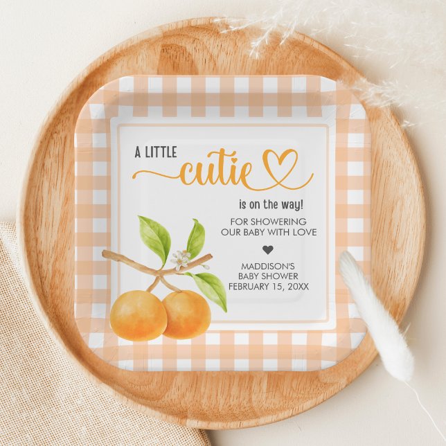 Plato De Papel Gingham Orange Baby Shower (Little Cutie Orange Baby Shower Paper Plate)