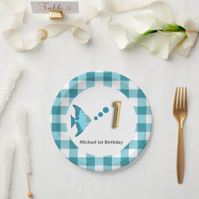Plato De Papel Gingham, Pez Azul Cumpleaños 1 (Boda)