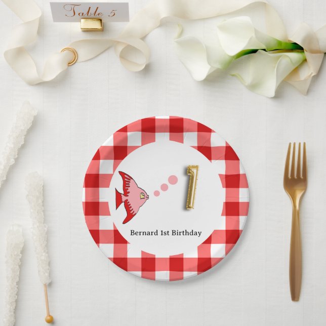 Plato De Papel Gingham, Pez Rojo y Globo 1er Cumpleaños (Boda)