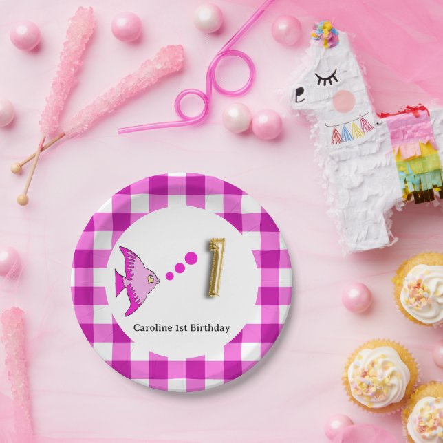 Plato De Papel Gingham, Pez Rosa y Globo Cumpleaños 1 (Fiesta)
