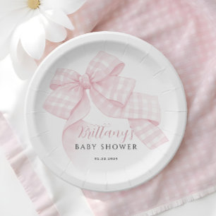 Plato De Papel Gingham Pink Bow Baby Shower