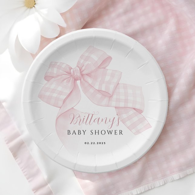 Plato De Papel Gingham Pink Bow Baby Shower (Subido por el creador)