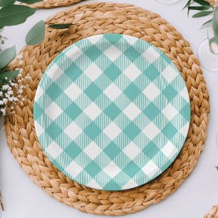 Plato De Papel Gingham Plaid verde azulado y blanco