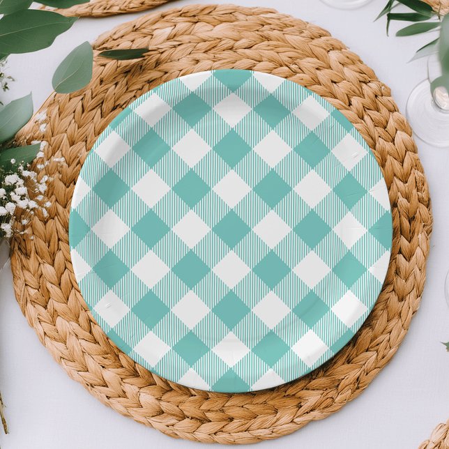 Plato De Papel Gingham Plaid verde azulado y blanco (Subido por el creador)