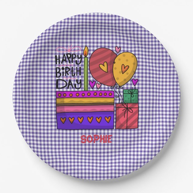 Plato De Papel Gingham Purple & Red Brithday (Anverso)