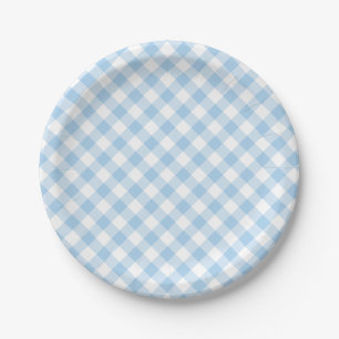 Plato De Papel Gingham Retro Azul Bebé