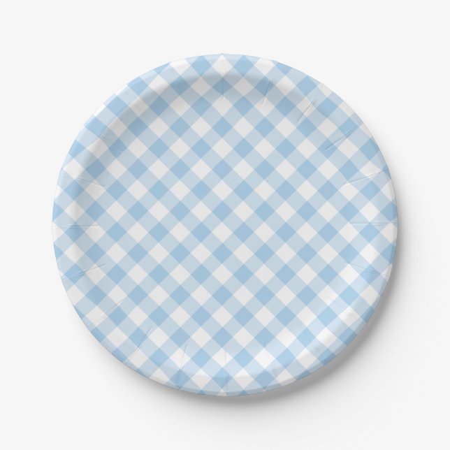 Plato De Papel Gingham Retro Azul Bebé (Anverso)