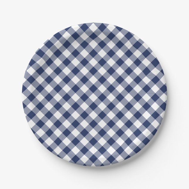 Plato De Papel Gingham Retro Azul Marino (Anverso)
