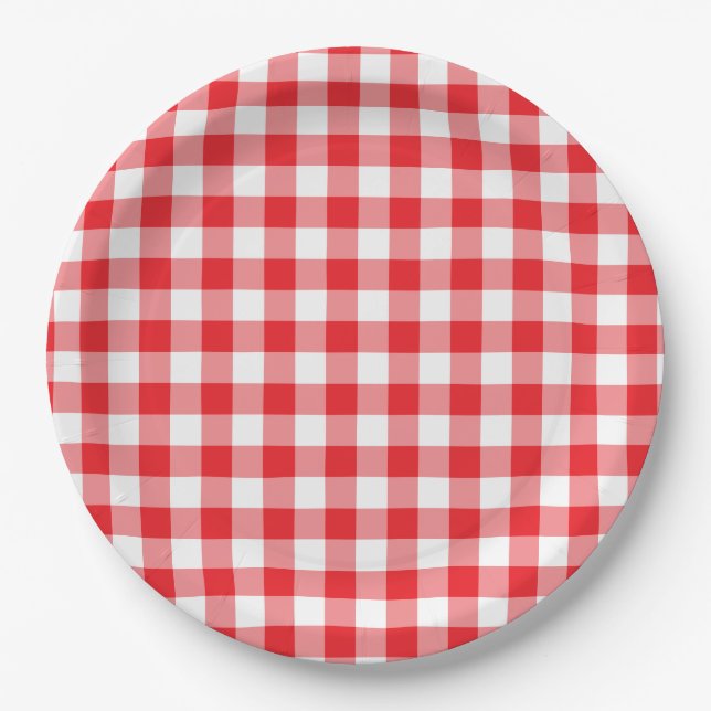 Plato De Papel Gingham Rojo Brillante Campestre (Anverso)