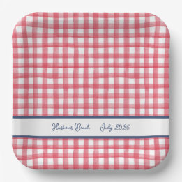 Plato De Papel Gingham Rojo de Verano, Cuadros del 4 de Julio