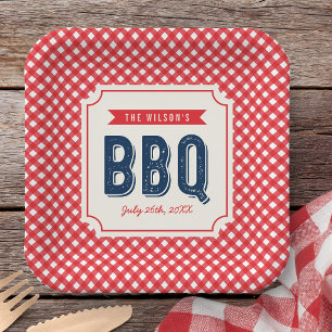 Plato De Papel Gingham Rojo y Barbacoa de Verano Azul