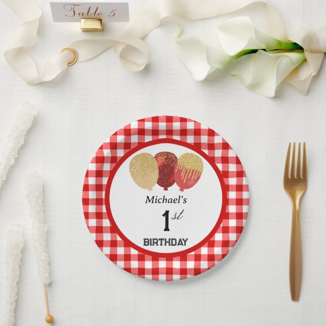 Plato De Papel Gingham Rojo y Globos Cumpleaños 1 (Boda)