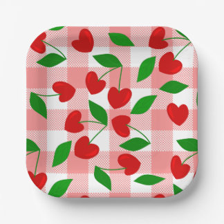 Plato De Papel gingham rosa corazón forma cereza rockabilly