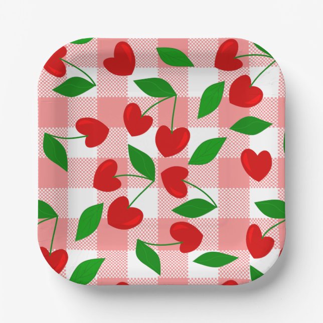 Plato De Papel gingham rosa corazón forma cereza rockabilly (Anverso)