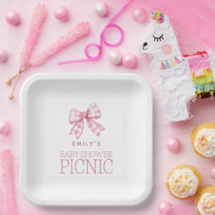 Plato De Papel Gingham rosa moderno Nombre Bow Baby Shower Picnic
