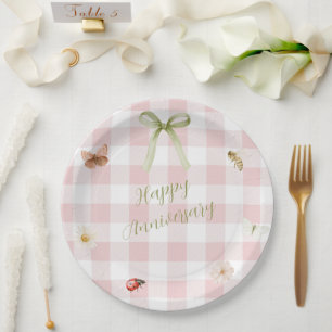 Plato de papel gingham rosa personalizado