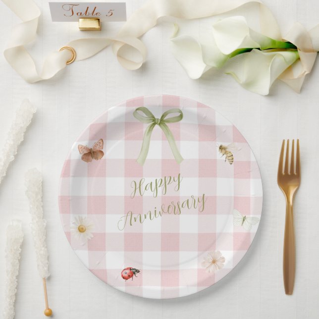 Plato de papel gingham rosa personalizado (Boda)