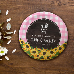 Plato De Papel Gingham rosa y girasol ducha Rústica Baby-Q