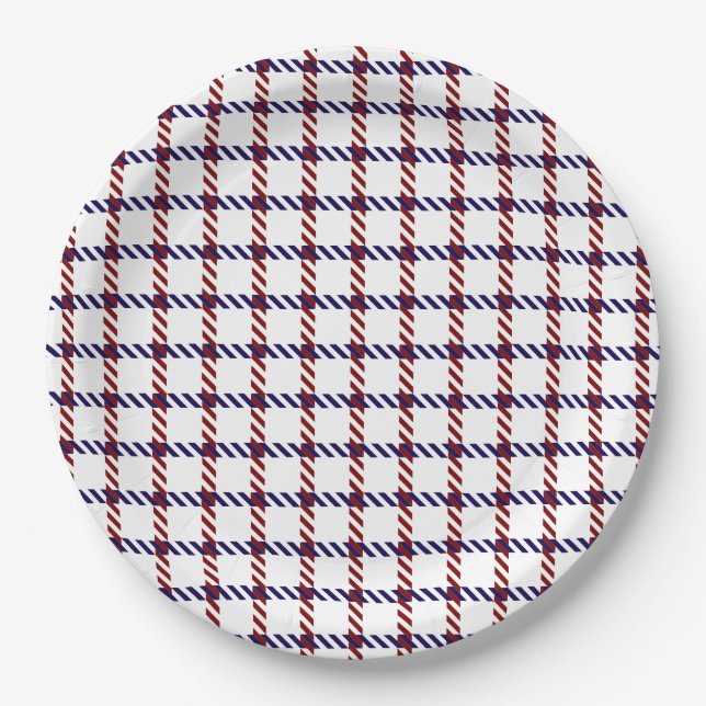 Plato De Papel Gingham Rústico Rojo, Blanco y Azul (Anverso)