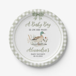Plato De Papel Gingham Sage Green Mallard Duck Baby Shower