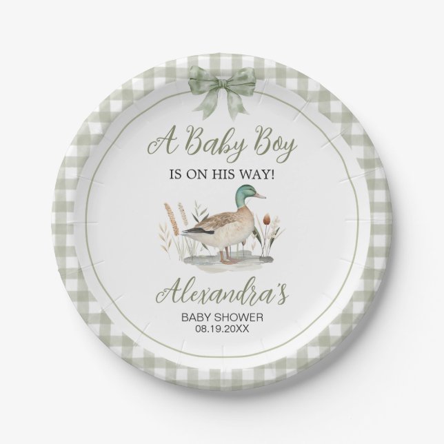 Plato De Papel Gingham Sage Green Mallard Duck Baby Shower (Anverso)