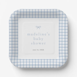 Plato De Papel Gingham Simple Bow Dusty Blue Boys Baby Shower