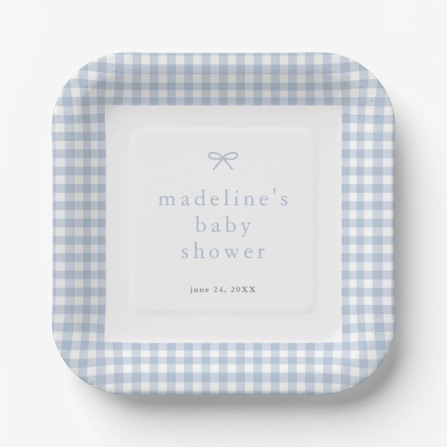 Plato De Papel Gingham Simple Bow Dusty Blue Boys Baby Shower (Anverso)