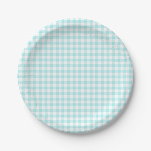 Plato De Papel Gingham Turquesa Pálido Personalizado (Anverso)