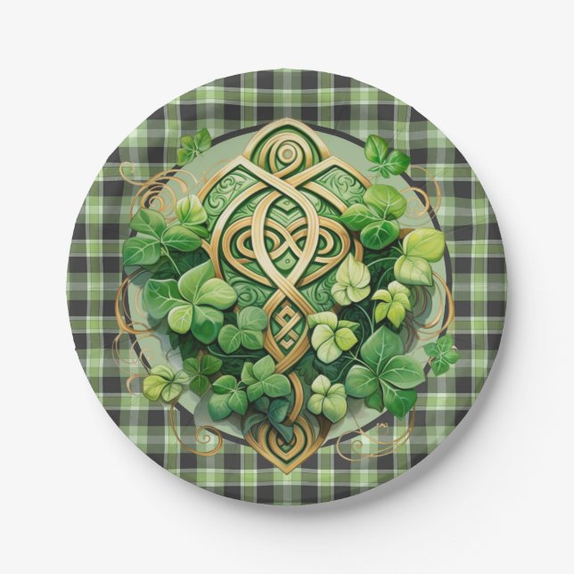Plato De Papel Gingham Verde Y Trisquela Celta (Anverso)
