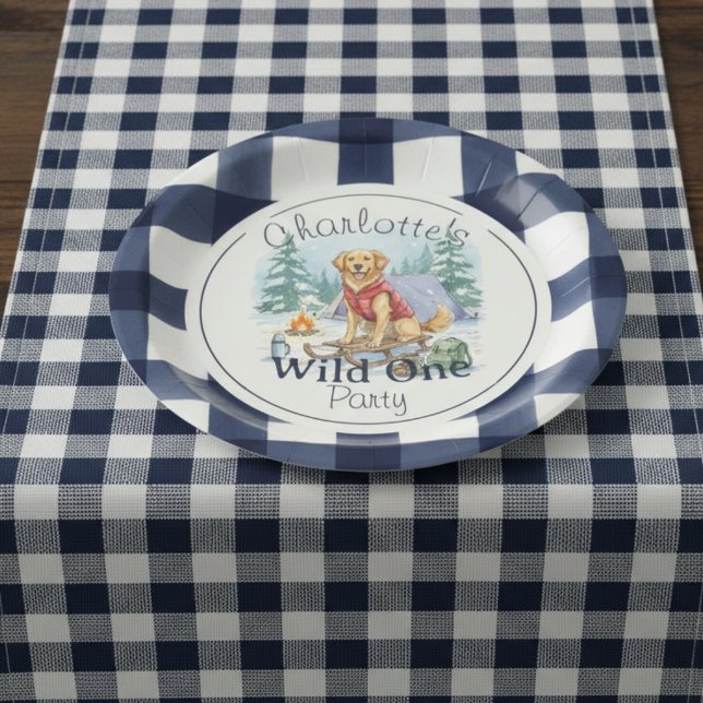 Plato De Papel Gingham Wild One Golden Retriever 1º cumpleaños (Celebrate your wild one’s special day with this Gingham Wild One Golden Retriever 1st Birthday!)