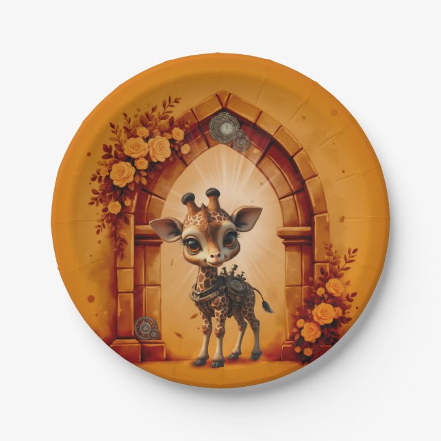 Plato De Papel Girafa de bebé en steampunk-personalizado (Anverso)